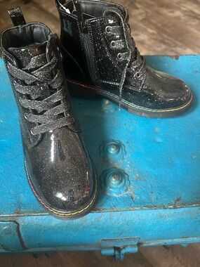 Kids Black Glitter Lace-Up Boots with Rainbow Stitching